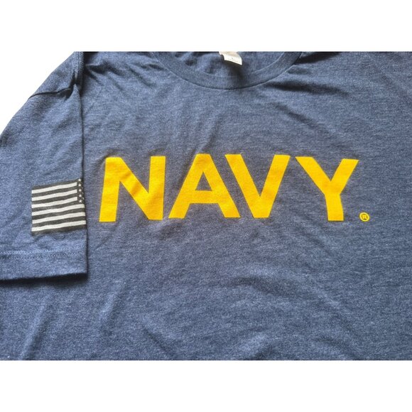 Tultex Navy Blue T-Shirt With Yellow "NAVY" Print & American Flag Sleeve Graphic - Picture 1 of 7